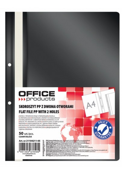 Skoroszyt office products, pp, a4, 2 otwory, 100/170mikr., wpinany, czarny - 50 szt