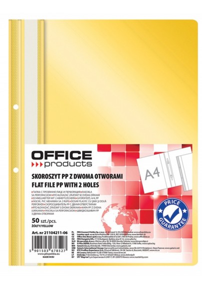 Skoroszyt office products, pp, a4, 2 otwory, 100/170mikr., wpinany, żółty - 50 szt