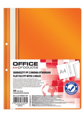 Skoroszyt OFFICE PRODUCTS, PP, A4, 2 otwory, 100/170mikr., wpinany, pomarańczowy