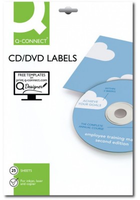 Etykiety na płyty cd/dvd q-connect, średnica 117mm, okrągłe, białe