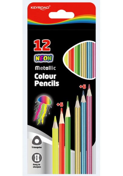 Kredki ołówkowe keyroad, trójkątne, metaliczne i neonowe, 12szt., mix kolorów