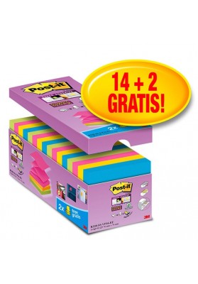 Bloczek samoprzylepny POST-IT® Super sticky Z-Notes (R330-SS-VP16), 76x76mm, 14x90 kart., mix kolorów, 2 bloczki gratis
