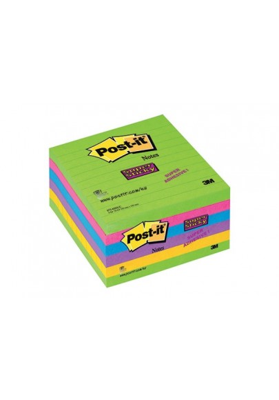 Karteczki samoprzylepne post-it® super sticky w linie (675 - 6ssuc), 100x100mm, 6x90 kart., neonowe
