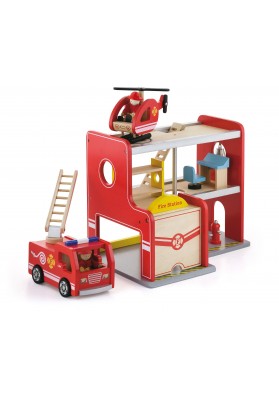 Drewniana Stacja Remiza Strażacka Garaż Akcesoria Wóz Strażacki Viga Toys