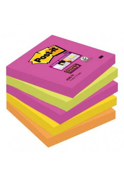 Karteczki samoprzylepne POST-IT® Super Sticky (654S-N), 76x76mm, 5x90 kartek, neonowe