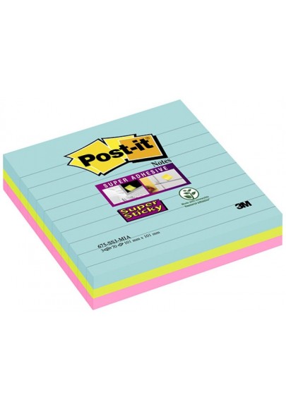 Karteczki samoprzylepne POST-IT® Super Sticky w linie, (675-SS3-MIA), 101x101mm, 3x70 kart., paleta Miami