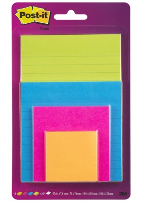 Bloczek samoprzylepny POST-IT® Super Sticky (4622-SSEU), mix rozmiarów, 4x45 kart., zawieszka, mix kolorów