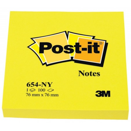 Bloczek samoprzylepny POST-IT® (654NY), 76x76mm, 1x100 kart., jaskrawy żółty