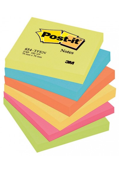 Karteczki samoprzylepne POST-IT® (654-TFEN), 76x76mm, 6x100 kart., paleta energetyczna