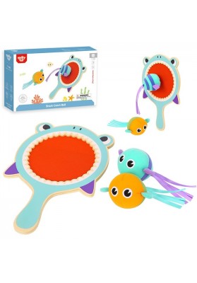 Tooky Toy Gra Zręcznościowa dla Dzieci Drewniana Paletka Rekin + 2 Rybki na Rzep do Łapania