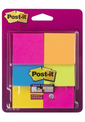 Karteczki samoprzylepne POST-IT® Super Sticky (6916S-YPOB), 47,6x47,6mm, 6x45 kart., mix kolorów