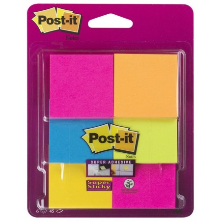 Karteczki samoprzylepne post-it® super sticky (6916s-ypob), 47,6x47,6mm, 6x45 kart., mix kolorów