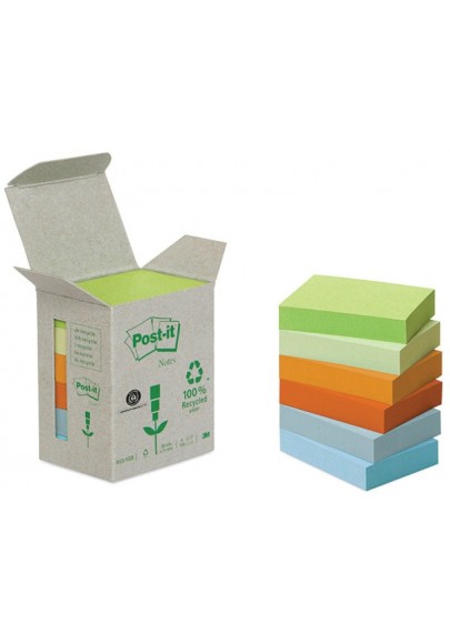 Karteczki ekologiczne POST-IT® (653-1GB), 38x51mm, 6x100 kart., mix kolorów