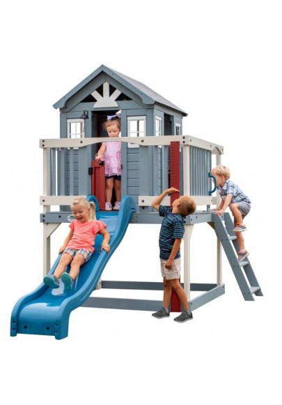 Domek drewniany plac zabaw ze zjeżdżalnią i piaskownicą backyard discovery