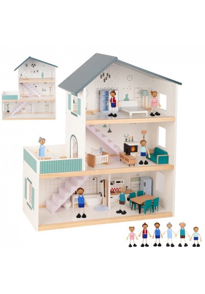 Tooky toy duży drewniany domek dla lalek + figurki fsc