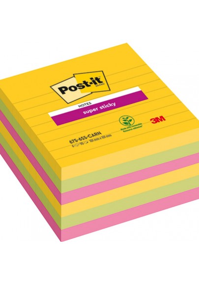 Karteczki samoprzylepne post-it® super sticky xl, carnival, w linię, 101x101mm, 6x90 kart.