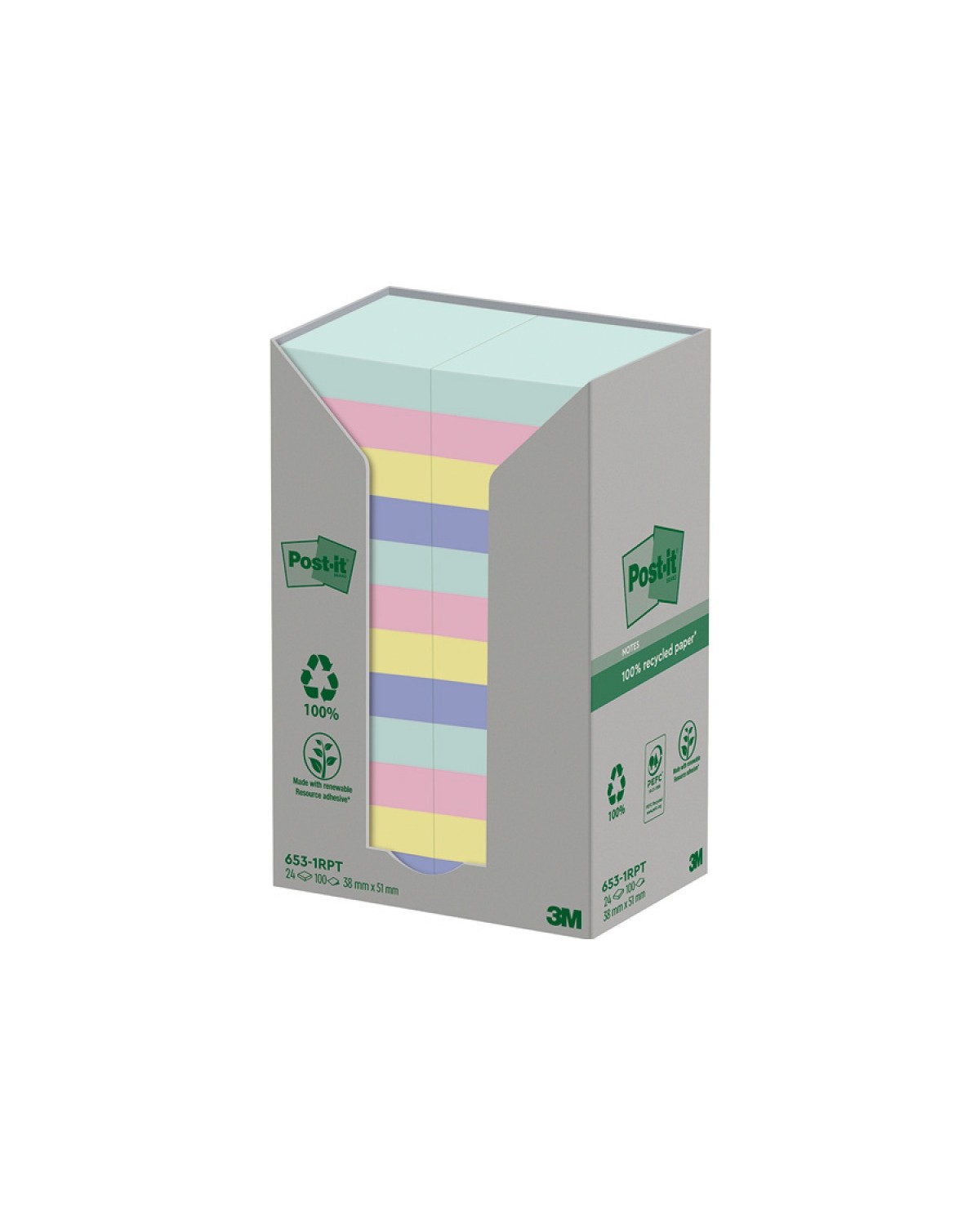 Ekologiczne karteczki samoprzylepne post-it®, nature, pastelowe, 38x51mm, 24x100 kart.