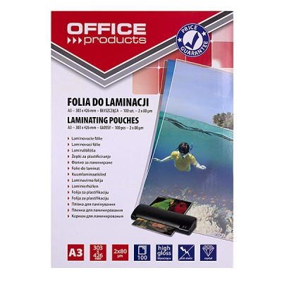Folia do laminowania office products, a3, 2x80mikr., błyszcząca, 100szt., transparentna