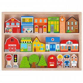 Tooky toy drewniany zestaw budynków i figurek miasto policja szpital remiza policjant doktor strażak