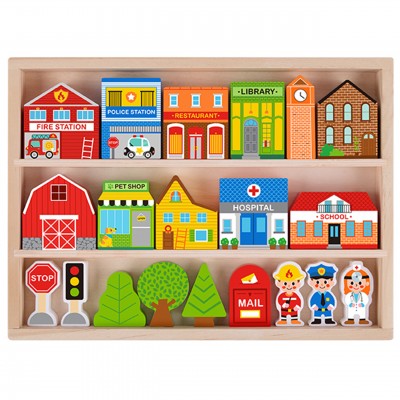 Tooky toy drewniany zestaw budynków i figurek miasto policja szpital remiza policjant doktor strażak