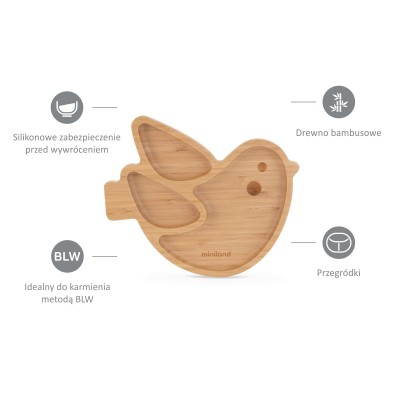 Drewniany talerzyk z przyssawką i przegródkami do karmienia metodą blw eco-friendly - ptaszek