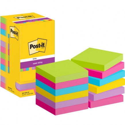 Bloczek samoprzylepny post-it® super sticky, 76x76mm, 12x90 kart., mix kolorów