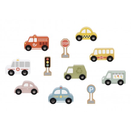 Tooky toy zestaw drewnaych pojazdów i znaków drogowych w pudełku