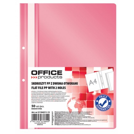 Skoroszyt office products, pp, a4, 2 otwory, 100/170mikr., wpinany, różowy - 50 szt
