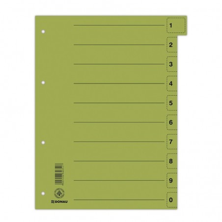 Przekładka donau, karton, a4, 235x300mm, 0-9, 1 karta z perforacją, zielona - 50 szt