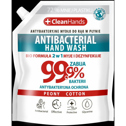 Mydło antybakteryjne clean hands, bio 99,9% peony&cotton, 1000 ml