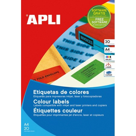 Etykiety kolorowe APLI, 210x297mm, prostokątne, niebieskie, 20 ark.