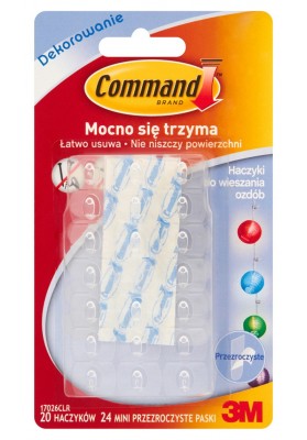 Haczyki command™ (17026clr pl), do wieszania ozdób, 20 haczyków i 24 mini paski, transparentne