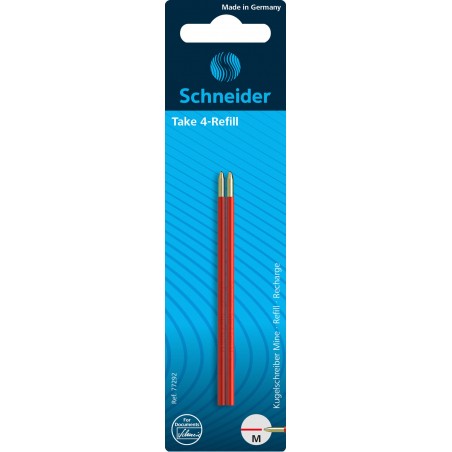 Wkład do długopisów schneider take 4, m, 2szt., blister, czerwony - 10 szt