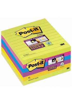 Karteczki samoprzylepne POST-IT® Super Sticky w linie (675 - 6SSUC), 100x100mm, 6x90 kart., neonowe
