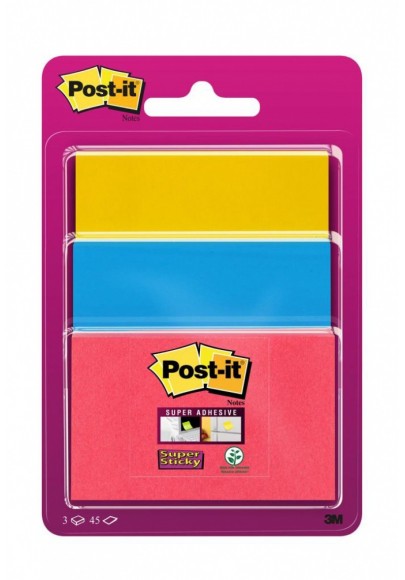 Karteczki samoprzylepne POST-IT® Super Sticky (3432SS3-BYP-EU), 47,6x47,6mm, 3x45 kart., zawieszka, mix kolorów