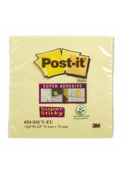 Karteczki samoprzylepne POST-IT® Super Sticky (654-6SSCY-EU), 76x76mm, 1x90 kart., żółte