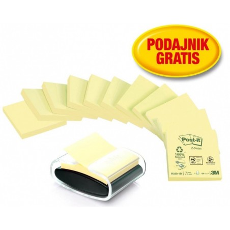 Karteczki ekologiczne post-it® z-notes (c2014y12-1), 76x76mm, 12x100 kart., żółte + podajnik gratis