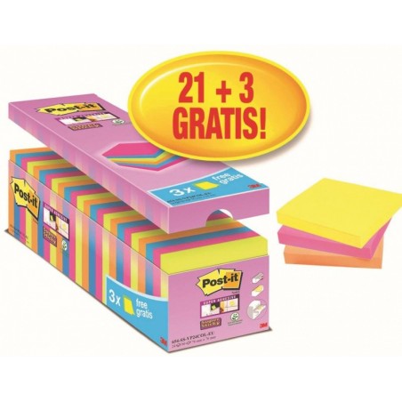 Karteczki samoprzylepne post-it® super sticky (654-ss-vp24col), 76x76mm, 24x90 kart., mix kolorów, 3 karteczki gratis
