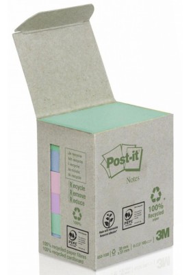 Karteczki ekologiczne POST-IT® (653-1GB), 38x51mm, 6x100 kart., mix kolorów