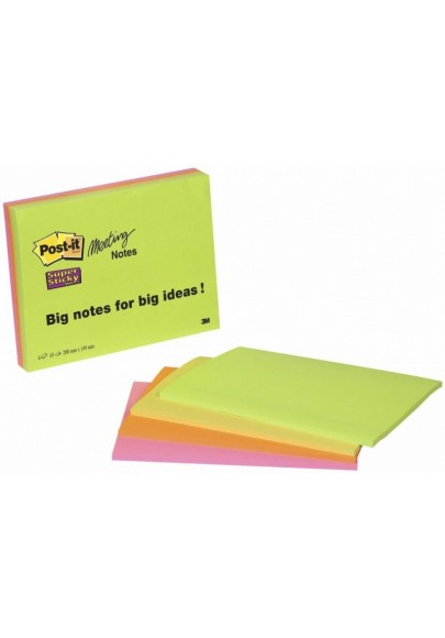 Karteczki samoprzylepne POST-IT® Super Sticky (6845-SSP), 200x149mm, 4x45 kart., mix kolorów