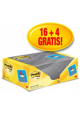 Karteczki samoprzylepne POST-IT® (655CY-VP20), 127x76mm, (16+4)x100 kart., żółte, 4 bloczki GRATIS