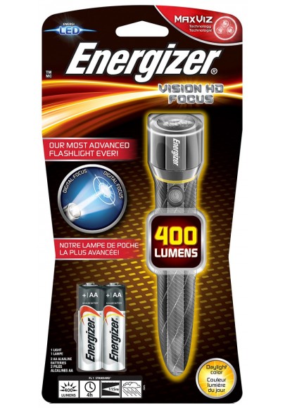 Latarka energizer metal vision focus hd + 2szt. baterii aa, srebrna