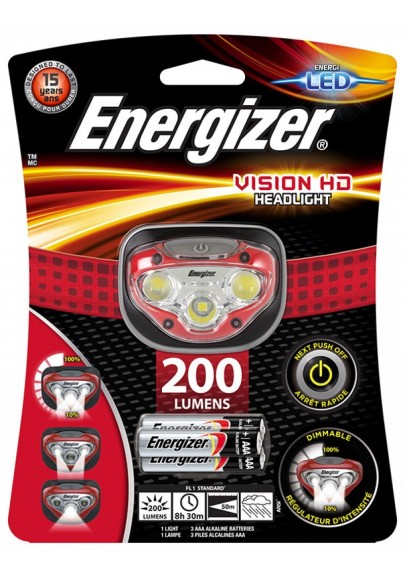 Latarka czołowa energizer vision hd headlight + 3szt. baterii aaa, czerowna
