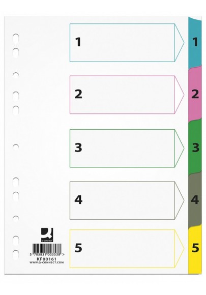 Przekładki q-connect mylar, karton, a4, 225x297mm, 1-5, 5 kart, lam. indeks, mix kolorów
