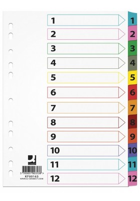 Przekładki Q-CONNECT Mylar, karton, A4, 225x297mm, 1-12, 12 kart, lam. indeks, mix kolorów