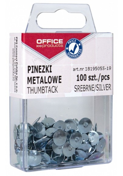 Pinezki metalowe office products, w pudełku, 100szt., srebrne