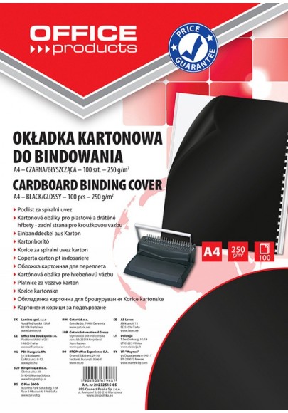 Okładki do bindowania OFFICE PRODUCTS, karton, A4, 250gsm, błyszczące, 100szt., czarne