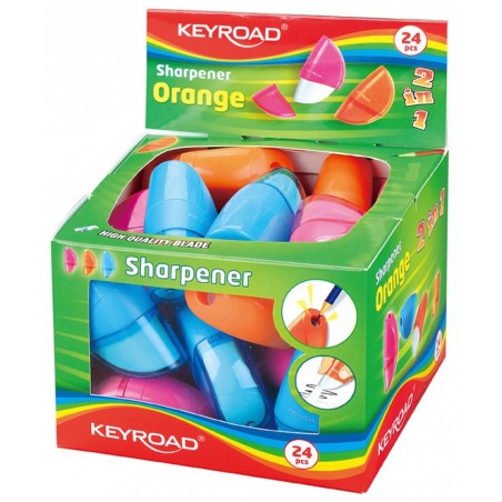 Temperówka keyroad orange, plastikowa, pojedyncza, z gumką, pakowane na displayu, mix kolorów - 24 szt
