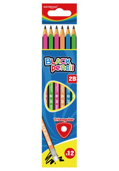 Ołówek drewniany z gumką keyroad, 2b, trójkątny, zawieszka, mix kolorów - 12 szt