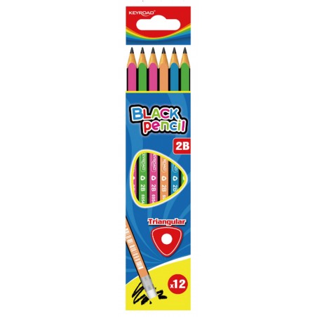 Ołówek drewniany z gumką keyroad, 2b, trójkątny, zawieszka, mix kolorów - 12 szt